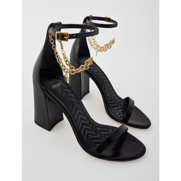 NEW Maje Black Medium Heel With Gold-tone Chain Sandals size 41 - Picture 3 of 10